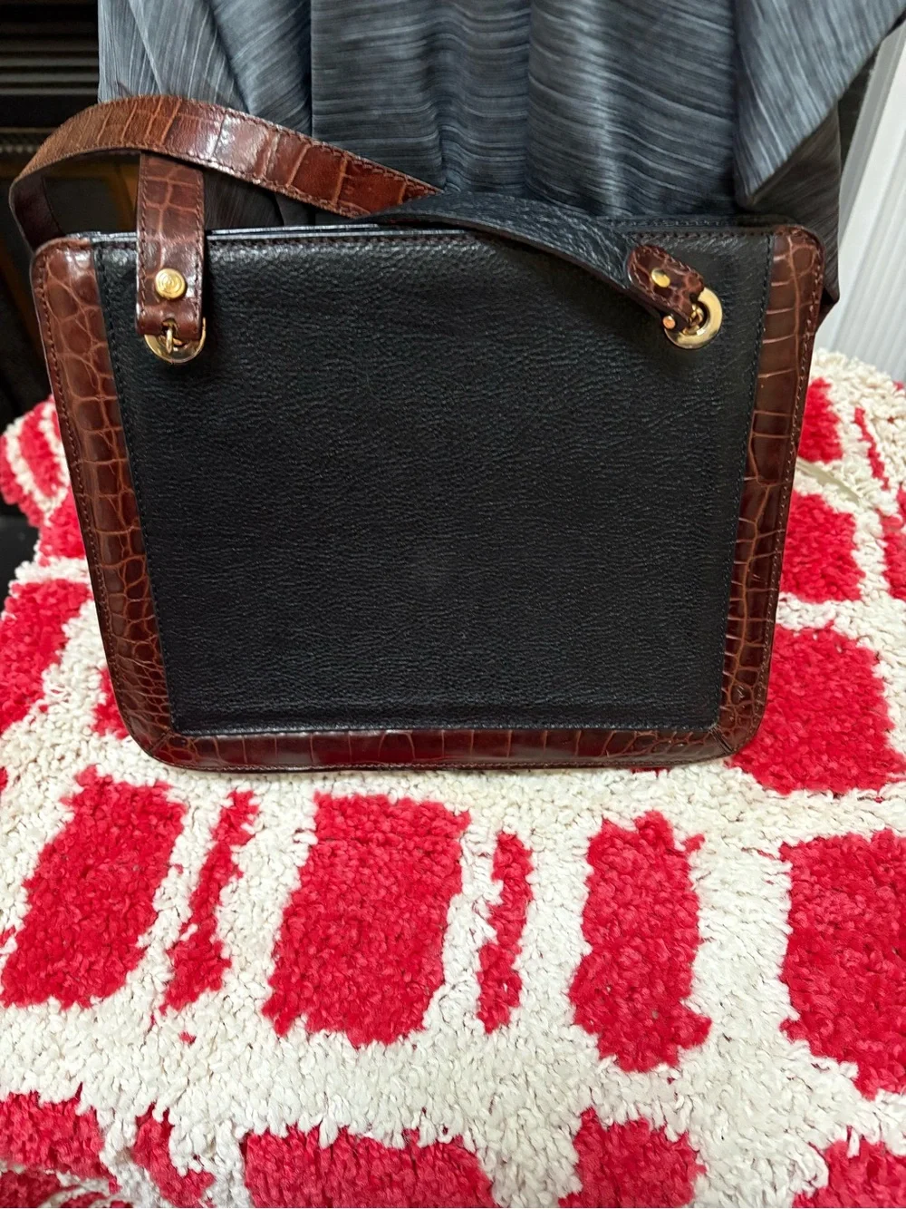 Bally Black Leather Tote with Brown Croc-Trim and Gold Accents